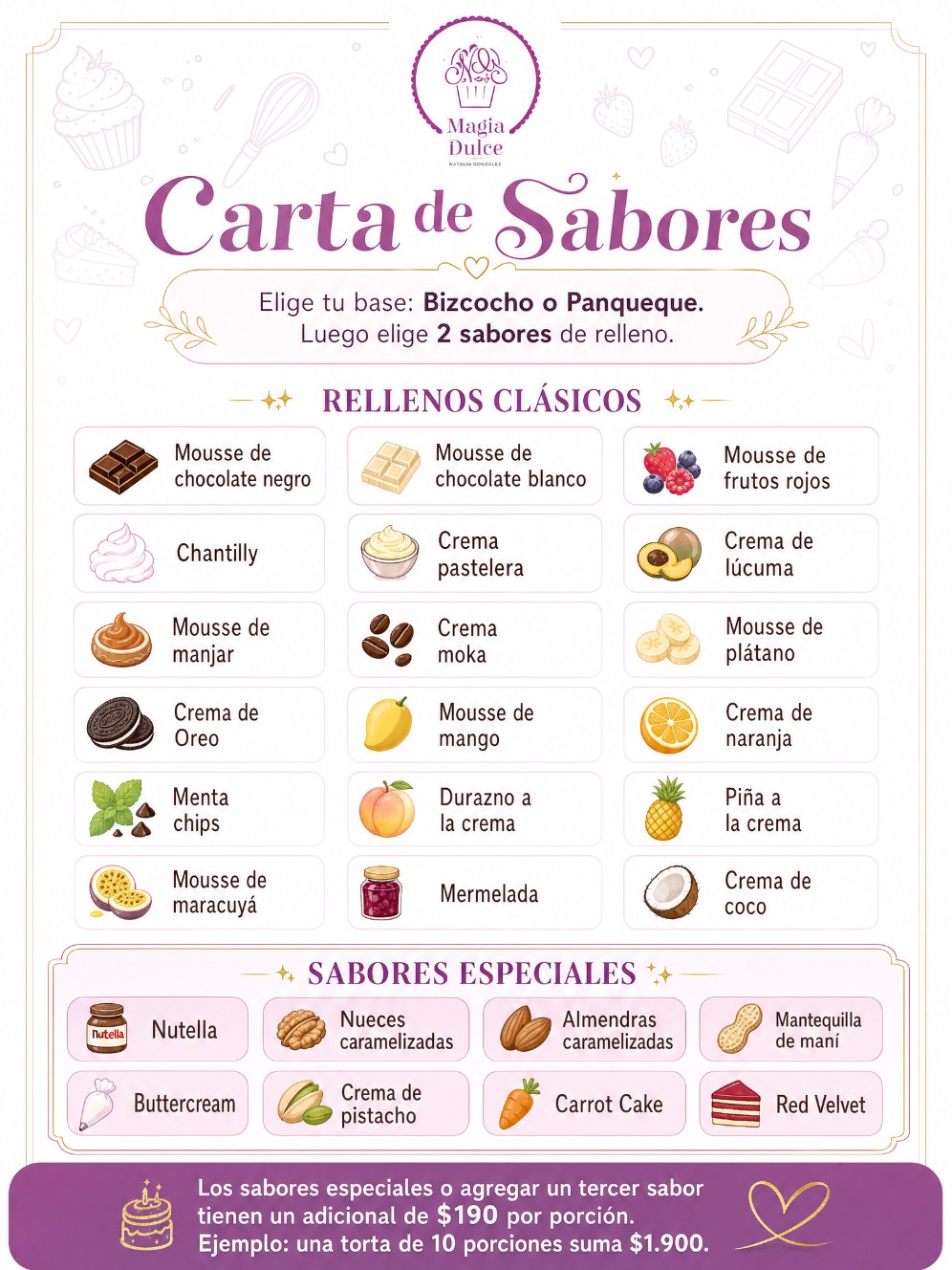 Carta de sabores completa de Magia Dulce con rellenos clásicos y especiales